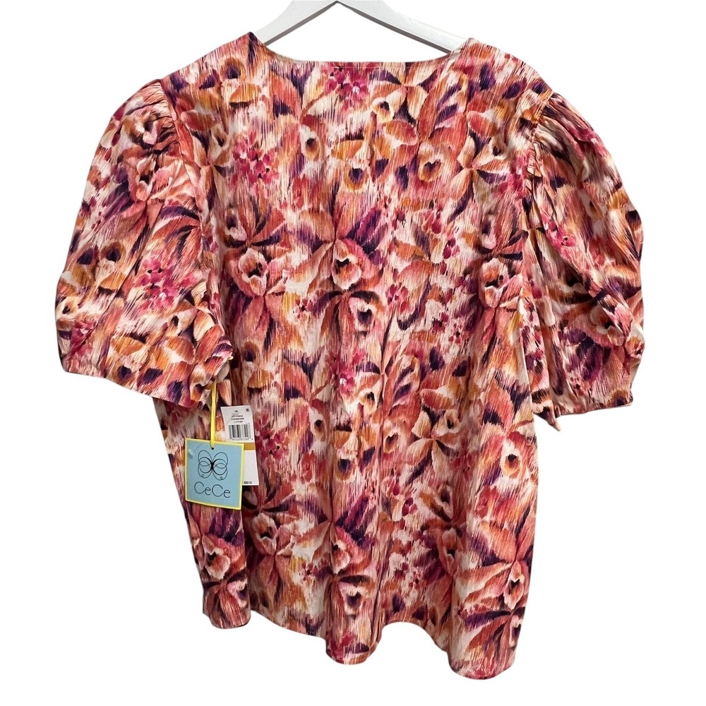 CeCe Puff Sleeve Top Womens 3X Pink Orange Floral V-Neck Abstract Feminine NEW - Picture 7 of 7